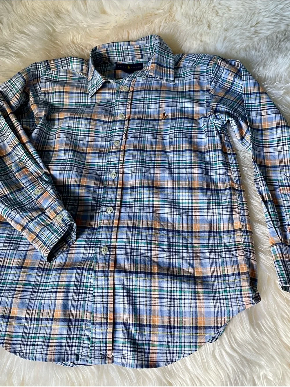 Ralph Lauren Boys Size 12 Plaid Button Down Shirt Blue Green Orange 100% Cotton